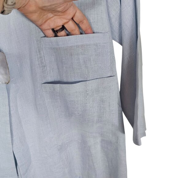 VTG Heydari Blue Linen Asymmetrical Jacket L Lagenlook Mother of Pearl Artsy USA - Picture 11 of 11